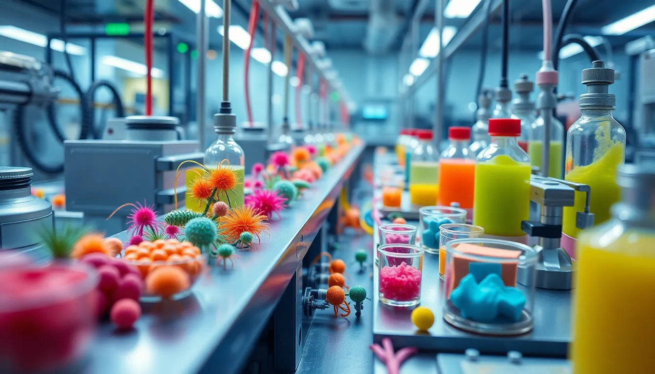 미생물들이 마치 공장처럼 다양한 제품을 생산하는 합성생물학의 세계 미생물 공장에서 다양한 제품을 생산하는 모습