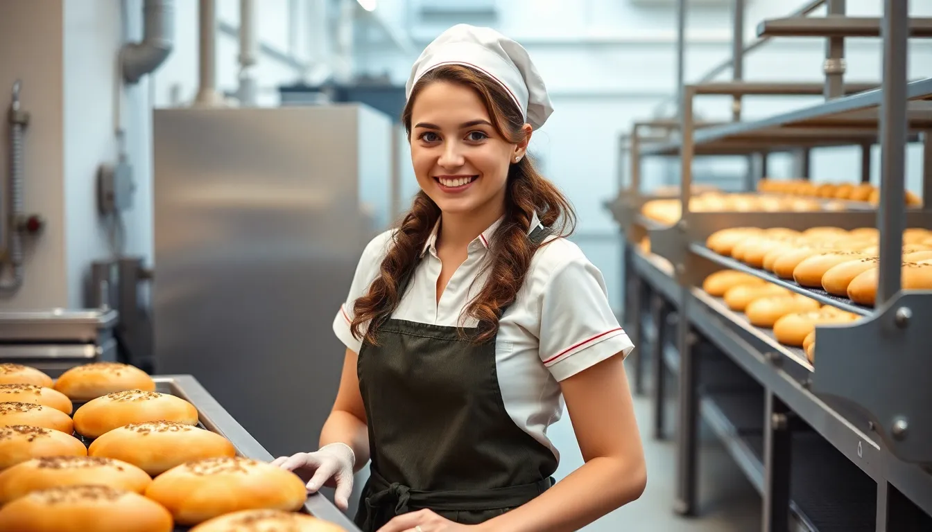 빵공장에서 일하는 젊은 여성 근로자