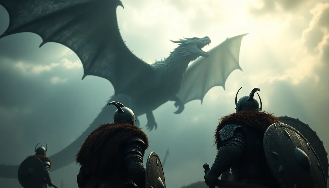 드래곤을 적대시하는 바이킹 전사들의 모습