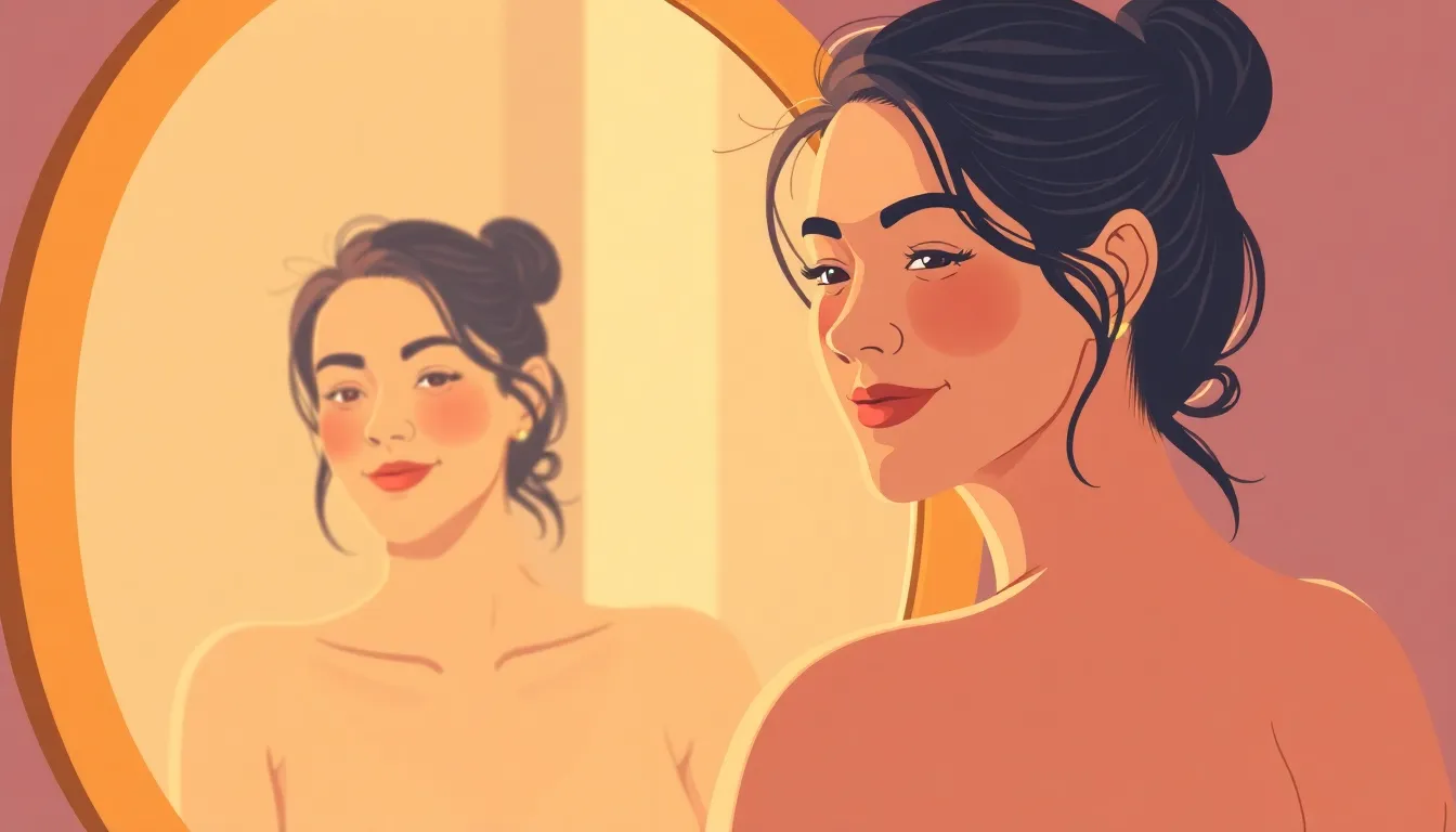 거울을 보며 자기 자신을 인정하고 받아들이는 모습